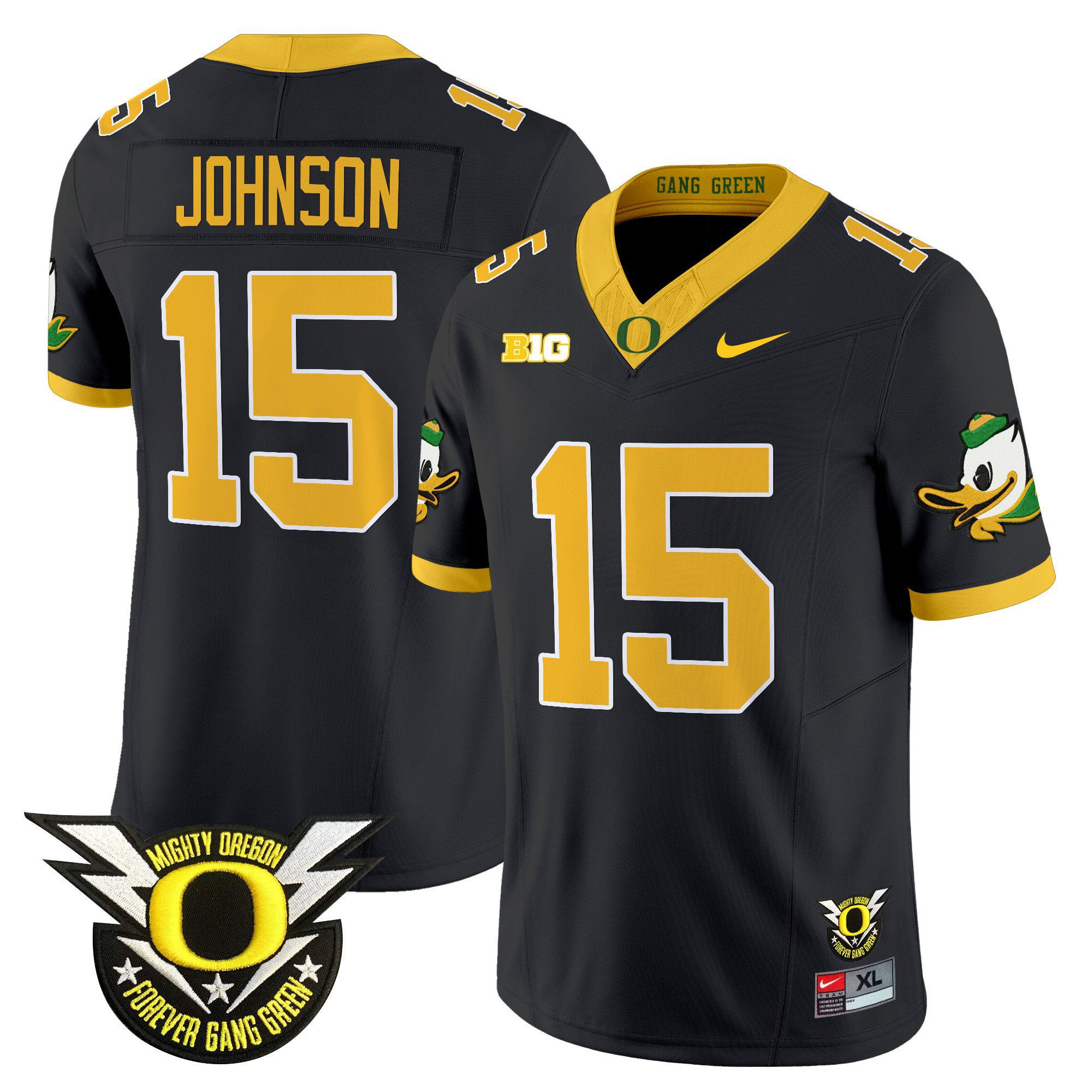 Men Oregon Ducks #15 Johnson Black 2024 Nike Forever Gang Green & BIG Patch Vapor Limited NCAA Jersey